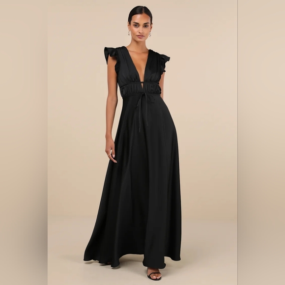 Lulus Dresses & Skirts - NWT Lulu's I'm All Yours Black Satin Cutout Ruffled Maxi Dress
